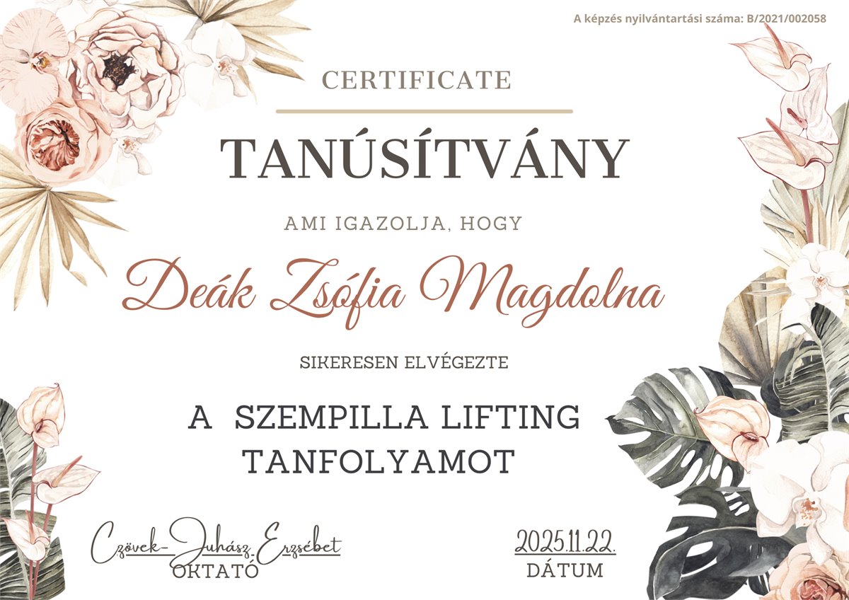 Szempilla lifting tanúsítvány Deák Zsófia nevére